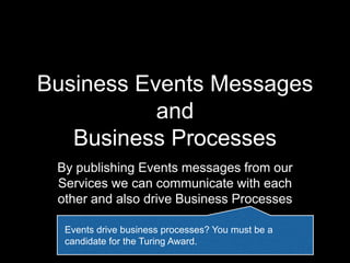 Business Events Messages
and
Business Processes
By publishing Events messages from our
Services we can communicate with each
other and also drive Business Processes
Events drive business processes? You must be a
candidate for the Turing Award.
 