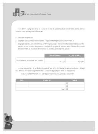 jovens Empreendedores primeiros passos
108
Para definir o preço de venda os alunos do 6º ano da Escola Estadual Geraldino dos Santos e Silva
tomaram como base algumas informações:
• os custos dos produtos;
• os preços que os clientes estão dispostos a pagar, conforme pesquisa que realizaram; e
• os preços cobrados pela concorrência, conforme pesquisa que realizaram. observando todas essas infor-
mações, ou seja, os custos dos produtos, o resultado da pesquisa de preferência dos clientes e da pesquisa
de concorrentes, os alunos decidiram vender os produtos pelos seguintes preços:
porta-rEtrato Bloco dEpapEl
Preço de venda por unidade (por produto)
r$ 1,50 r$ 4,00
a meta de produção e de venda dos alunos do 6º ano da Escola Estadual Geraldino dos santos e silva já
está definida. Eles farão 100 porta-retratos e 50 blocos de papel para venda na ecopapelaria.
Os alunos também fizeram uma tabela para registrar outros gastos que possam ter:
data dEScrição valor
r$
r$
total r$
8° Encontro
 