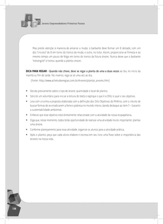 jovens Empreendedores primeiros passos
138
Mas preste atenção à maneira de amarrar a muda: o barbante deve formar um 8 deitado, com um
dos “círculos” do 8 em torno do tronco da muda, e outro, no tutor. Assim, proporciona-se firmeza e ao
mesmo tempo um pouco de folga em torno do tronco da futura árvore. nunca deixe que o barbante
“estrangule” o tronco, quando a planta crescer.
dica para rEgar - Quando não chove, deve se regar a planta de uma a duas vezes ao dia, no início da
manhã ou fim de tarde. No inverno, rega-se só uma vez ao dia.
(Fonte: http://www.achetudoeregiao.com.br/arvores/plantar_arvores.htm)
• Decida previamente sobre o tipo de árvore, quantidade e local de plantio.
• solicite um voluntário para iniciar a leitura do texto e explique o que é a onU e qual o seu objetivo.
• Leia com a turma a proposta elaborada com a definição dos Oito Objetivos do Milênio, com o intuito de
buscar formas de se erradicarem a fome e pobreza no mundo inteiro, dando destaque ao item 7 – Garantir
a sustentabilidade ambiental.
• Enfatize que esse objetivo está diretamente relacionado com a atividade da nossa ecopapelaria.
• Diga que, nesse momento, todos terão oportunidade de realizar uma atividade muito importante: plantar
uma árvore.
• Conforme planejamento para essa atividade, organize os alunos para a atividade prática.
• após o plantio, peça que cada aluno elabore e escreva em seu livro uma frase sobre a importância das
árvores na nossa vida.
 