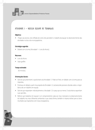jovens Empreendedores primeiros passos
146
atividade 1 – nossa equipe de trabalho
objetivo:
• Propor aos alunos uma reflexão de como eles percebem o trabalho da equipe no desenvolvimento das
atividades no dia a dia na ecopapelaria.
Estratégia sugerida:
• Debate com a turma (atividade 1 – livro do aluno).
recursos:
• livro do aluno;
• Lápis grafite.
tempo estimado:
30 minutos.
orientações gerais:
• solicite que preencham o questionário da atividade 1.1 Pode ser feito um debate com a turma para as
respostas.
• Promova um debate a partir da proposta da atividade 1.2, esclarecendo possíveis dúvidas sobre a impor-
tância de um trabalho em equipe.
• solicite que respondam individualmente a atividade 1.3 e peça que ao menos 3 voluntários exponham
suas opiniões.
• reforce que trabalhar em equipe é um comportamento cada vez mais necessário no desenvolvimento
do trabalho nos mais diferentes ambientes e que, desta forma, também é imprescindível para os bons
resultados que esperamos com nossa ecopapelaria.
12° Encontro
 
