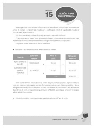 171
Ecopapelaria 6º Ano Livro do Professor
Encontro
15 DECISÕES FINAIS
NA Ecopapelaria
Na ecopapelaria da turma do 6º ano da Escola Estadual Geraldinho dos Santos e Silva os alunos definiram
a meta de produção e venda em 100 unidades para o produto porta- retrato de papelão e 50 unidades do
bloco decorado de papel reciclado.
Eles alcançaram a meta estabelecida, ou seja, venderam a quantidade produzida!
É claro que os alunos ficaram muito felizes e comemoraram a conquista da meta e sabiam que era o
momento de calcular o quanto arrecadaram e o quanto gastaram de dinheiro na ecopapelaria.
Complete as tabelas abaixo com os cálculos necessários.
•
• Calculando o total arrecadado com as vendas de todos os produtos.
PRoDUTo
QUANTIDADE
vENDIDA
PREço DE
vENDA
ToTAlPoR
PRoDUTo
PORTA-RETRATO DE
PAPELãO
100 UNIDADES
x
R$ 1,50
=
R$ 150,00
BLOCO DECORADO
DE PAPEL
RECICLADO
50 UNIDADES
x
R$ 4,00
=
R$ 200,00
TOTAL R$ 350,00
Deste total de dinheiro arrecadado com as vendas dos produtos na ecopapelaria, é preciso subtrair o
custo com materiais e outros gastos ocorridos. Os custos com materiais para elaborar os produtos e fazer a
divulgação somaram R$ 230,00. Além disso, os alunos consideraram um custo simbólico pela utilização das
dependências da escola (energia elétrica, água) no valor de R$ 20,00, que será pago como contribuição para
a Associação de Pais e Mestres.
•
• Calculando o total dos custos e gastos da ecopapelaria da turma do 6º ano da Escola
 