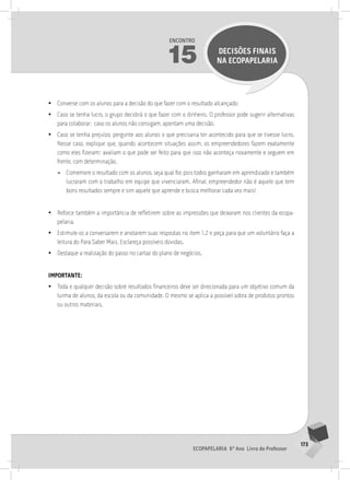 173
Ecopapelaria 6º Ano Livro do Professor
Encontro
15 DECISÕES FINAIS
NA Ecopapelaria
•
• Converse com os alunos para a decisão do que fazer com o resultado alcançado:
•
• Caso se tenha lucro, o grupo decidirá o que fazer com o dinheiro. O professor pode sugerir alternativas
para colaborar; caso os alunos não consigam, apontam uma decisão.
•
• Caso se tenha prejuízo, pergunte aos alunos o que precisaria ter acontecido para que se tivesse lucro.
Nesse caso, explique que, quando acontecem situações assim, os empreendedores fazem exatamente
como eles fizeram: avaliam o que pode ser feito para que isso não aconteça novamente e seguem em
frente, com determinação.
»
» Comemore o resultado com os alunos, seja qual for, pois todos ganharam em aprendizado e também
lucraram com o trabalho em equipe que vivenciaram. Afinal, empreendedor não é aquele que tem
bons resultados sempre e sim aquele que aprende e busca melhorar cada vez mais!
•
• Reforce também a importância de refletirem sobre as impressões que deixaram nos clientes da ecopa-
pelaria.
•
• Estimule-os a conversarem e anotarem suas respostas no item 1.2 e peça para que um voluntário faça a
leitura do Para Saber Mais. Esclareça possíveis dúvidas.
•
• Destaque a realização do passo no cartaz do plano de negócios.
importante:
•
• Toda e qualquer decisão sobre resultados financeiros deve ser direcionada para um objetivo comum da
turma de alunos, da escola ou da comunidade. O mesmo se aplica a possível sobra de produtos prontos
ou outros materiais.
15° ENCoNTRo
 