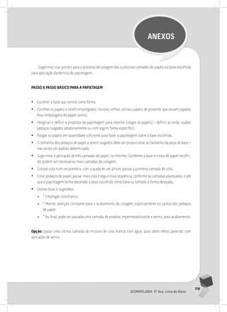 179
Ecopapelaria 6º Ano Livro do Aluno
ANEXOS
Sugerimos usar pincéis para o processo de colagem das sucessivas camadas de papéis na base escolhida
para aplicação da técnica da papietagem.
Passo a passo básico para a papietagem
•
• Escolher a base que servirá como forma
•
• Escolher os papéis a serem empregados: revistas velhas, jornais, papéis de presente que seriam jogados
fora, embalagens de papel, outros.
•
• Imaginar e definir a proposta da papietagem para recortar (rasgar os papéis) – definir se serão usados
pedaços rasgados aleatoriamente ou com algum “tema específico”.
•
• Rasgar os papéis em quantidade suficiente para fazer a papietagem sobre a base escolhida.
•
• O tamanho dos pedaços de papel a serem rasgados deve ser proporcional ao tamanho da peça de base –
não existe um padrão determinado.
•
• Sugerimos a aplicação de três camadas de papel, no mínimo. Conforme a base e o tipo de papel escolhi-
do, podem ser necessárias mais camadas de colagem.
•
• Colocar cola num recipiente e, com a ajuda de um pincel, passar a primeira camada de cola.
•
• Colar pedaços de papel, passar mais cola e seguir essa sequência, conforme as camadas planejadas, e até
que a papietagem tenha decorado a peça escolhida como base ou tomado a forma desejada.
•
• Outras dicas e sugestões:
»
» * Empregar cola branca
»
» * Manter atenção constante para o acabamento da colagem, especialmente os cantos dos pedaços
de papel
»
» * Ao final, pode ser passada uma camada de produto impermeabilizante e verniz, para acabamento.
Opção: passe uma última camada de mistura de cola branca com água, para obter efeito parecido com
aplicação de verniz.
 