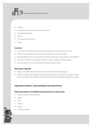 jovens Empreendedores primeiros passos
190
• 1 estilete;
• 1 copo plástico (ou outro recipiente para colocar água);
• 1 grampeador e grampos;
• 1 pincel;
• 1 rolo pequeno de fita adesiva;
• 1 régua.
como fazer:
• Cortar de 15 a mais folhas de sulfite (dependerá da grossura que você desejar para o bloco).
• Cortar 2 pedaços de papelão (na mesma medida dos papéis, ou um pouco maiores).
• Fazer papietagem nas duas ou pelo menos em uma das capas do bloco, a que deverá ser a capa da frente.
• Fazer dois ou mais furos na parte superior do bloco, furando o papelão e as folhas de papel.
• Colocar o barbante nos furos, arrematando e prendendo o bloco de papel.
observações e Sugestões:
• adequar a quantidade de material necessário à quantidade decidida como produção.
• Podem ser usadas outras estratégias para decorar o bloco de papel. Da mesma forma, podem ser elabo-
rados outros modelos desse produto, outros tamanhos e com outra quantidade de papéis para anotação.
EmBalagEm dE prESEntE - EStojo dE prESEntE com capa dE rEviSta
material para produzir uma unidade de estojo de presente com capa de revista:
• 1 capa de revista (ou folha mais dura);
• 1 régua;
• 1 lápis;
• 1 tesoura;
• 1 estilete;
• 1 tubo de cola branca;
 