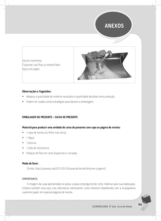 193
EcopapElaria 6º ano livro do aluno
anEXoS
Decore livremente.
É possível usar fitas ou mesmo fazer
laços com papel.
observações e Sugestões:
• adequar a quantidade de material necessário à quantidade decidida como produção.
• Podem ser usadas outras estratégias para decorar a embalagem.
EmBalagEm dE prESEntE – caiXa dE prESEntE
material para produzir uma unidade de caixa de presente com capa ou página de revista:
• 1 capa de revista (ou folha mais dura);
• 1 régua;
• 1 tesoura;
• 1 tubo de cola branca;
• Pedaços de fitas em cores disponíveis e variadas.
modo de fazer:
(Fonte: http://cacareco.net/2011/01/18/caixa-de-tecido-feita-em-origami/)
importantE:
a imagem da caixa apresentada no passo a passo emprega tecido como material para sua elaboração.
Embora também essa seja uma alternativa interessante, como estamos trabalhando com a ecopapelaria
usaremos papel, em especial páginas de revista.
 