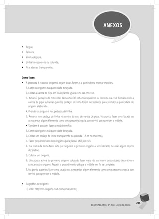 205
Ecopapelaria 6º Ano Livro do Aluno
ANEXOS
•
• Régua;
•
• Tesoura;
•
• Vareta de pipa;
•
• Linha transparente ou colorida;
•
• Fita adesiva transparente.
Como fazer:
•
• A proposta é elaborar origamis, sejam quais forem, e, a partir deles, montar móbiles.
1. Fazer os origamis na quantidade desejada.
2. Cortar a vareta de pipa em duas partes iguais e uni-las em cruz.
3. Amarrar pedaços de diferentes tamanhos de linha transparente ou colorida na cruz formada com a
vareta de pipa. Amarrar quantos pedaços de linha forem necessários para prender a quantidade de
origami elaborada.
4. Prender os origamis nos pedaços de linha.
5. Amarrar um pedaço de linha no centro da cruz de vareta de pipa. Na ponta, fazer uma laçada ou
acrescentar algum elemento como uma pequena argola, que servirá para prender o móbile.
•
• Também é possível fazer o móbile em fio:
1. Fazer os origamis na quantidade desejada.
2. Cortar um pedaço de linha transparente ou colorida (1,5 m no máximo).
3. Fazer pequenos furos nos origamis para passar o fio por eles.
4. Na ponta da linha fazer nós que segurem o primeiro origami a ser colocado, ou usar algum objeto
decorativo.
5. Colocar um origami.
6. Um pouco acima do primeiro origami colocado, fazer mais nós ou inserir outro objeto decorativo e
colocar outro origami. Repetir o procedimento até que o móbile em fio se complete.
7. Na ponta superior, fazer uma laçada ou acrescentar algum elemento como uma pequena argola, que
servirá para prender o móbile.
•
• Sugestões de origami:
(Fonte: http://en.origami-club.com//index.html)
 