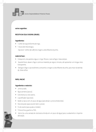 jovens Empreendedores primeiros passos
210
outras sugestões:
rEcEita da cola caSEira (grudE)
ingredientes:
• 1 colher de sopa de farinha de trigo;
• 1 xícara (de chá) de água;
opcional: 1colher (de café) de vinagre ou desinfetante de pinho.
modo de fazer:
• Coloque em uma panela a água e o trigo. Misture. leve ao fogo e mexa sempre.
• Quando ferver, abaixe o fogo e continue mexendo por alguns minutos, até apresentar um mingau meio
transparente.
• Desligue o fogo e, opcionalmente, acrescente o vinagre ou desinfetante de pinho, para maior durabilida-
de. Deixe esfriar.
papEl macHé
ingredientes e materiais:
• Jornal picado;
• Água sanitária (pouca);
• Cola branca ou cola caseira;
• Liquidificador (opcional);
• Balde ou bacia com um pouco de água (para deixar o jornal amolecendo);
• Pano de prato (para escorrer bem o jornal);
• Fio de arame (para ajudar a moldar);
• tinta acrílica, guache ou PVa;
• Verniz (ou uma camada de cola branca diluída em um pouco de água) para o acabamento e imperme-
abilização.
 