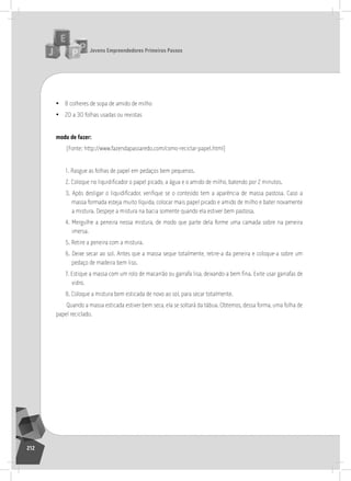 jovens Empreendedores primeiros passos
212
• 8 colheres de sopa de amido de milho
• 20 a 30 folhas usadas ou revistas
modo de fazer:
(Fonte: http://www.fazendapassaredo.com/como-reciclar-papel.html)
1. rasgue as folhas de papel em pedaços bem pequenos.
2. Coloque no liquidificador o papel picado, a água e o amido de milho, batendo por 2 minutos.
3. Após desligar o liquidificador, verifique se o conteúdo tem a aparência de massa pastosa. Caso a
massa formada esteja muito líquida, colocar mais papel picado e amido de milho e bater novamente
a mistura. Despeje a mistura na bacia somente quando ela estiver bem pastosa.
4. Mergulhe a peneira nessa mistura, de modo que parte dela forme uma camada sobre na peneira
imersa.
5. retire a peneira com a mistura.
6. Deixe secar ao sol. antes que a massa seque totalmente, retire-a da peneira e coloque-a sobre um
pedaço de madeira bem liso.
7. Estique a massa com um rolo de macarrão ou garrafa lisa, deixando-a bem fina. Evite usar garrafas de
vidro.
8. Coloque a mistura bem esticada de novo ao sol, para secar totalmente.
Quando a massa esticada estiver bem seca, ela se soltará da tábua. obtemos, dessa forma, uma folha de
papel reciclado.
 