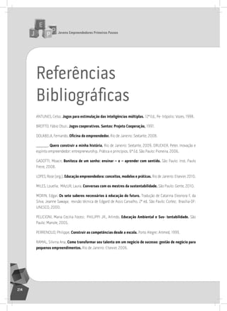 jovens Empreendedores primeiros passos
214
Referências
Bibliográﬁcas
antUnEs, Celso. jogos para estimulação das inteligências múltiplas. 12ª Ed., Pe- trópolis: Vozes, 1998.
Brotto, Fábio otuzi. jogos cooperativos. Santos: projeto cooperação, 1997.
DolaBEla, Fernando. Oficina do empreendedor. rio de Janeiro: sextante, 2008.
. Quero construir a minha história. rio de Janeiro: sextante, 2009. DrUCKEr, Peter. inovação e
espírito empreendedor: entrepreneurship. Prática e princípios. 6ª Ed. são Paulo: Pioneira, 2006.
GaDotti, Moacir. Boniteza de um sonho: ensinar – e – aprender com sentido. são Paulo: inst. Paulo
Freire, 2008.
loPEs, rose (org.). Educação empreendedora: conceitos, modelos e práticas. rio de Janeiro: Elsevier, 2010.
MilEs, louella; MazUr, laura. conversas com os mestres da sustentabilidade. são Paulo: Gente, 2010.
Morin, Edgar. os sete saberes necessários à educação do futuro. tradução de Catarina Eleonora F. da
silva, Jeanne sawaya; revisão técnica de Edgard de assis Carvalho. 2ª ed. são Paulo: Cortez; Brasília-DF:
UnEsCo, 2000.
PEliCioni, Maria Cecilia Focesi; PHiliPPi Jr., arlindo. Educação ambiental e Sus- tentabilidade. são
Paulo: Manole, 2005.
PErrEnoUD, Philippe. construir as competências desde a escola. Porto alegre: artmed, 1999.
raMal, silvina ana. como transformar seu talento em um negócio de sucesso: gestão de negócio para
pequenos empreendimentos. rio de Janeiro: Elsevier, 2006.
 
