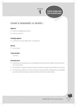 31
Ecopapelaria 6º Ano Livro do Professor
Encontro
1 VAMOS TRABALHAR
COM Ecopapelaria
atividade de encerramento do encontro 1
Objetivos:
•
• Resumir as atividades do encontro 1.
•
• Encerrar o encontro 1.
Estratégia sugerida:
•
• Conversa com os alunos (Resumindo – livro do aluno).
Recurso:
•
• Livro do Aluno.
Tempo estimado:
5 minutos.
Orientação Geral:
•
• Converse com os alunos para resumir as atividades do encontro, tendo como apoio o “Resumindo” descri-
to no Livro do Aluno.
•
• É possível fazer um registro textual em cartaz ou no quadro, por exemplo, do resumo feito com os alunos.
•
• O Livro do Aluno apresenta um resumo do encontro, o que não invalida ou descaracteriza a necessidade
da conversa com os alunos para o resumo ao final do encontro, muito pelo contrário.
2° ENCoNTRo
 