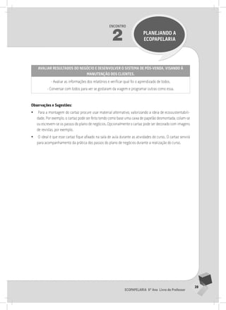 39
Ecopapelaria 6º Ano Livro do Professor
Encontro
2 PLANEJANDO A
Ecopapelaria
Avaliar resultados do negócio e desenvolver o sistema de pós-venda, visando à
manutenção dos clientes.
- Avaliar as informações dos relatórios e verificar qual foi o aprendizado de todos.
- Conversar com todos para ver se gostaram da viagem e programar outras como essa.
Observações e Sugestões:
•
• Para a montagem do cartaz procure usar material alternativo, valorizando a ideia de ecossustentabili-
dade. Por exemplo, o cartaz pode ser feito tendo como base uma caixa de papelão desmontada, colam-se
ou escrevem-se os passos do plano de negócios. Opcionalmente o cartaz pode ser decorado com imagens
de revistas, por exemplo.
•
• O ideal é que esse cartaz fique afixado na sala de aula durante as atividades do curso. O cartaz servirá
para acompanhamento da prática dos passos do plano de negócios durante a realização do curso.
 