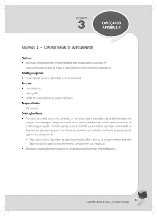 51
Ecopapelaria 6º Ano Livro do Professor
Encontro
3 COMEÇANDO
A PRODUZIR
atividade 2 – comportamento empreendedor
Objetivo:
•
• Estimular comportamentos empreendedores pela reflexão sobre o assunto, em
especial estabelecimento de metas e planejamento e monitoramento sistemáticos.
Estratégia sugerida:
•
• Conversa com os alunos (Atividade 2 - Livro do Aluno).
Recursos:
•
• Livro do Aluno;
•
• Lápis grafite;
•
• Cartaz dos comportamentos empreendedores.
Tempo estimado:
20 minutos.
Orientações Gerais:
•
• Promova a leitura do texto e uma conversa com os alunos sobre a importância de se definirem objetivos,
planejar como conseguirá atingi-los e verificar se o que foi planejado está dando certo ou se serão ne-
cessários alguns ajustes. Um bom exemplo disso é um atleta que estabelece sua meta – melhoria do seu
desempenho, planeja o que precisa ser feito e acompanha seus resultados, verificando se precisa ajustar
algo em seu planejamento.
»
» Peça que os alunos respondam as questões propostas sobre a prática de comportamentos empreen-
dedores e solicite que 3 alunos, no mínimo, compartilhem suas respostas.
•
• Destaque os comportamentos citados no cartaz dos comportamentos empreendedores.
3° ENCoNTRo
 