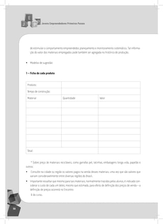 jovens Empreendedores primeiros passos
56
de estimular o comportamento empreendedor, planejamento e monitoramento sistemático. tal informa-
ção do valor dos materiais empregados pode também ser agregada no histórico de produção.
• Modelos de sugestão:
1 – Ficha de cada produto
Produto:
tempo de construção:
Material Quantidade Valor
total:
* sobre preço de materiais recicláveis, como garrafas pet, latinhas, embalagens longa vida, papelão e
outros:
• Consulte na cidade ou região os valores pagos na venda desses materiais, uma vez que são valores que
variam consideravelmente entre diversas regiões do Brasil.
• importante ressaltar que mesmo para tais materiais, normalmente trazidos pelos alunos, é indicado con-
siderar o custo de cada um deles, mesmo que estimado, para efeito de definição dos preços de venda – a
definição de preços ocorrerá no Encontro
8 do curso.
 