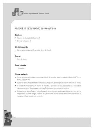 jovens Empreendedores primeiros passos
68
atividade de encerramento do encontro 4
objetivos:
• resumir as atividades do Encontro 4.
• Encerrar o Encontro 4.
Estratégia sugerida:
• Conversa com os alunos (resumindo – livro do aluno).
recurso:
• livro do aluno.
tempo estimado:
5 minutos.
orientações gerais:
• Converse com os alunos para resumir as atividades do encontro, tendo como apoio o “resumindo” descri-
to no livro do aluno.
• É possível fazer um registro textual em cartaz ou no quadro, por exemplo, do resumo feito com os alunos.
• o livro do aluno apresenta um resumo do encontro, o que não invalida ou descaracteriza a necessidade
da conversa com os alunos para o resumo ao final do encontro, muito pelo contrário.
• indique que os alunos façam a leitura do texto e do questionário da pegada ecológica com seus pais ou
responsáveis (ou ainda amigos, vizinhos, etc.), assim como as dicas para ajudar a diminuir o impacto da
nossa caminhada sobre o meio ambiente.
 
