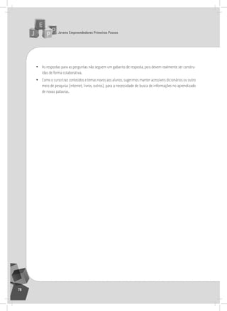 jovens Empreendedores primeiros passos
78
• as respostas para as perguntas não seguem um gabarito de resposta, pois devem realmente ser constru-
ídas de forma colaborativa.
• Como o curso traz conteúdos e temas novos aos alunos, sugerimos manter acessíveis dicionários ou outro
meio de pesquisa (internet, livros, outros), para a necessidade de busca de informações no aprendizado
de novas palavras.
5° Encontro
 