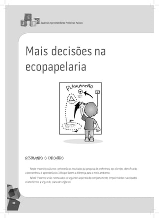 jovens Empreendedores primeiros passos
80
Mais decisões na
ecopapelaria
resumindo o encontro
Neste encontro os alunos conhecerão os resultados da pesquisa de preferência dos clientes, identificarão
a concorrência e aprenderão os 3 rs que fazem a diferença para o meio ambiente.
neste encontro serão estimulados os seguintes aspectos do comportamento empreendedor e abordados
os elementos a seguir do plano de negócios:
 