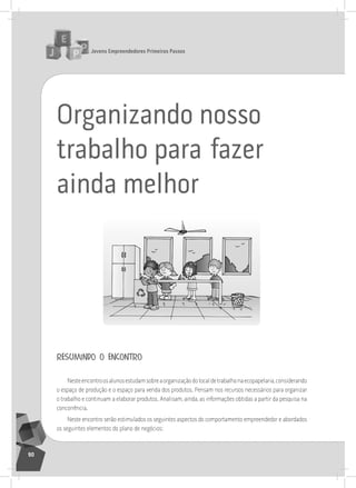 jovens Empreendedores primeiros passos
90
Organizando nosso
trabalho para fazer
ainda melhor
resumindo o encontro
nesteencontroosalunosestudamsobreaorganizaçãodolocaldetrabalhonaecopapelaria,considerando
o espaço de produção e o espaço para venda dos produtos. Pensam nos recursos necessários para organizar
o trabalho e continuam a elaborar produtos. analisam, ainda, as informações obtidas a partir da pesquisa na
concorrência.
neste encontro serão estimulados os seguintes aspectos do comportamento empreendedor e abordados
os seguintes elementos do plano de negócios:
 