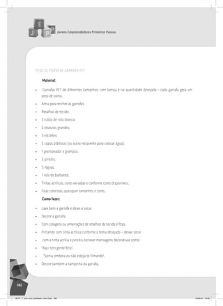 Jovens Empreendedores Primeiros Passos
182
PESO DE PORTA DE GARRAFA PET
material:
• Garrafas PET de diferentes tamanhos, com tampa e na quantidade desejada – cada garrafa gera um
peso de porta;
• Areia para encher as garrafas;
• Retalhos de tecido;
• 5 tubos de cola branca;
• 5 tesouras grandes;
• 5 estiletes;
• 5 copos plásticos (ou outro recipiente para colocar água);
• 1 grampeador e grampos;
• 5 pincéis;
• 5 réguas;
• 1 rolo de barbante;
• Tintas acrílicas, cores variadas e conforme cores disponíveis;
• Fitas coloridas, quaisquer tamanhos e cores.
Como fazer:
• Lave bem a garrafa e deixe-a secar.
• Decore a garrafa:
• Com colagens ou amarrações de retalhos de tecido e fitas.
• Pintando com tinta acrílica conforme o tema desejado – deixar secar
• com a tinta acrília e pincéis escrever mensagens decorativas como:
• “Aqui tem gente feliz”.
• “Sorria, embora eu não esteja te filmando”.
• Decore também a tampinha da garrafa.
JEPP_7º_ano_livro_professor_novo.indd 182 10/09/12 19:02
 