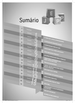 sumário
A TURMA DOS JOVENS EMPREENDEDORES
O PRIMEIRO DOS PRIMEIROS PASSOS
A OPORTUNIDADE MORA AO LADO
CONHECENDO MAIS SOBRE ARTESANATO
COMO SERÁ NOSSO PRODUTO?
UM ESPAÇO ORGANIZADO PARA O TRABALHO
PRODUZINDO E APRENDENDO MAIS
SOBRE SUSTENTABILIDADE
PRÁTICAS SUSTENTÁVEIS
CONTAS, MUITAS CONTAS PARA VENDER
NOSSOS PRODUTOS
QUALIDADE HOJE E SEMPRE
CONVERSANDO COM NOSSOS CLIENTES
PRODUZINDO AINDA MAIS
A RESPONSABILIDADE DE TODOS
RETA FINAL
INAUGURANDO A LOJA DE ARTESANATO
SUSTENTÁVEL
8
9
10
11
12
13
14
7
6
5
4
3
2
1
introdução
encontro
encontro
encontro
encontro
encontro
encontro
encontro
encontro
encontro
encontro
encontro
encontro
encontro
8
108
120
126
138
144
156
164
168
194
98
90
80
68
50
30
18
encontro
15
encontro
AVALIAR E RECOMEÇAR
REFERÊNCIAS BIBLIOGRÁFICAS
JEPP_7º_ano_livro_professor_novo.indd 7 10/09/12 19:01
 