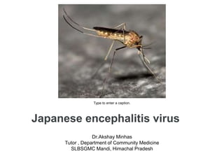 Japanese encephalitis virus
Dr.Akshay Minhas
Tutor , Department of Community Medicine
SLBSGMC Mandi, Himachal Pradesh
Type to enter a caption.
 