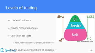 Levels of testing
● Low level unit tests
● Service / integration tests
● User interface tests
○ Note, not necessarily “Graphical User Interface”
● Speed and value implications at each layer 25
www.martinfowler.com
 
