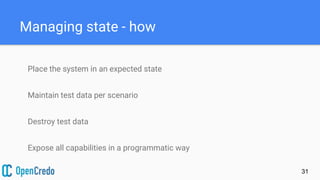 Managing state - how
31
Place the system in an expected state
Maintain test data per scenario
Destroy test data
Expose all capabilities in a programmatic way
 