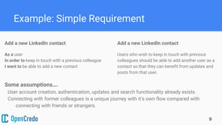 Example: Simple Requirement
Add a new LinkedIn contact
As a user
In order to keep in touch with a previous colleague
I want to be able to add a new contact
9
Add a new LinkedIn contact
Users who wish to keep in touch with previous
colleagues should be able to add another user as a
contact so that they can benefit from updates and
posts from that user.
Some assumptions….
User account creation, authentication, updates and search functionality already exists.
Connecting with former colleagues is a unique journey with it’s own flow compared with
connecting with friends or strangers.
 