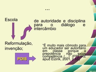 ...
Escola          de autoridade e disciplina
                para    o    diálogo     e
                intercâmbio


Reformulação,       “É muito mais cômodo para
invenção;           um educador ser autoritário
                    em    classe     porque    a
                    prepotência     não    exige
                    competência (…)” (FREIRE
     POIS           apud Eizirik, 2001, p.68)
 