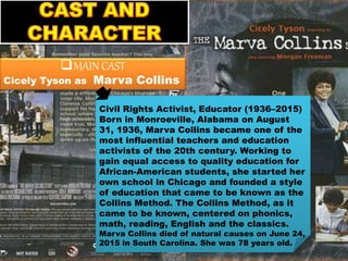 MAIN CAST
Cicely Tyson as Marva Collins
Civil Rights Activist, Educator (1936–2015)
Born in Monroeville, Alabama on August
31, 1936, Marva Collins became one of the
most influential teachers and education
activists of the 20th century. Working to
gain equal access to quality education for
African-American students, she started her
own school in Chicago and founded a style
of education that came to be known as the
Collins Method. The Collins Method, as it
came to be known, centered on phonics,
math, reading, English and the classics.
Marva Collins died of natural causes on June 24,
2015 in South Carolina. She was 78 years old.
 