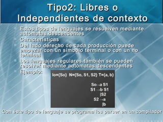 Tipo2: Libres oTipo2: Libres o
Independientes de contextoIndependientes de contexto
 Estos tipos de lenguajes se resuelven medianteEstos tipos de lenguajes se resuelven mediante
autómatas descendentesautómatas descendentes
 CaracterísticasCaracterísticas
 Del lado derecho de cada producción puedeDel lado derecho de cada producción puede
empezar con un símbolo terminal o con un noempezar con un símbolo terminal o con un no
terminalterminal
 Los lenguajes regulares también se puedenLos lenguajes regulares también se pueden
resolver mediante autómatas descendentesresolver mediante autómatas descendentes
 Ejemplo:Ejemplo:
Con éste tipo de lenguaje se programa los parser en un compiladorCon éste tipo de lenguaje se programa los parser en un compilador
 