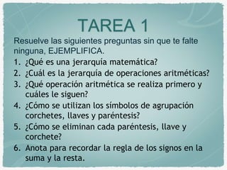 TAREA 1 
Resuelve las siguientes preguntas sin que te falte 
ninguna, EJEMPLIFICA. 
1. ¿Qué es una jerarquía matemática? 
2. ¿Cuál es la jerarquía de operaciones aritméticas? 
3. ¿Qué operación aritmética se realiza primero y 
cuáles le siguen? 
4. ¿Cómo se utilizan los símbolos de agrupación 
corchetes, llaves y paréntesis? 
5. ¿Cómo se eliminan cada paréntesis, llave y 
corchete? 
6. Anota para recordar la regla de los signos en la 
suma y la resta. 
 