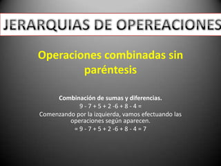 Operaciones combinadas sin
        paréntesis

     Combinación de sumas y diferencias.
            9 - 7 + 5 + 2 -6 + 8 - 4 =
Comenzando por la izquierda, vamos efectuando las
         operaciones según aparecen.
          = 9 - 7 + 5 + 2 -6 + 8 - 4 = 7
 