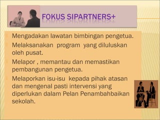  Mengadakan lawatan bimbingan pengetua.
 Melaksanakan program yang diluluskan
oleh pusat.
 Melapor , memantau dan memastikan
pembangunan pengetua.
 Melaporkan isu-isu kepada pihak atasan
dan mengenal pasti intervensi yang
diperlukan dalam Pelan Penambahbaikan
sekolah.
 