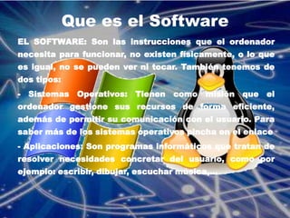 Que es el SoftwareEL SOFTWARE: Son las instrucciones que el ordenador necesita para funcionar, no existen físicamente, o lo que es igual, no se pueden ver ni tocar. También tenemos de dos tipos:- Sistemas Operativos: Tienen como misión que el ordenador gestione sus recursos de forma eficiente, además de permitir su comunicación con el usuario. Para saber más de los sistemas operativos pincha en el enlace - Aplicaciones: Son programas informáticos que tratan de resolver necesidades concretar del usuario, como por ejemplo: escribir, dibujar, escuchar música,...