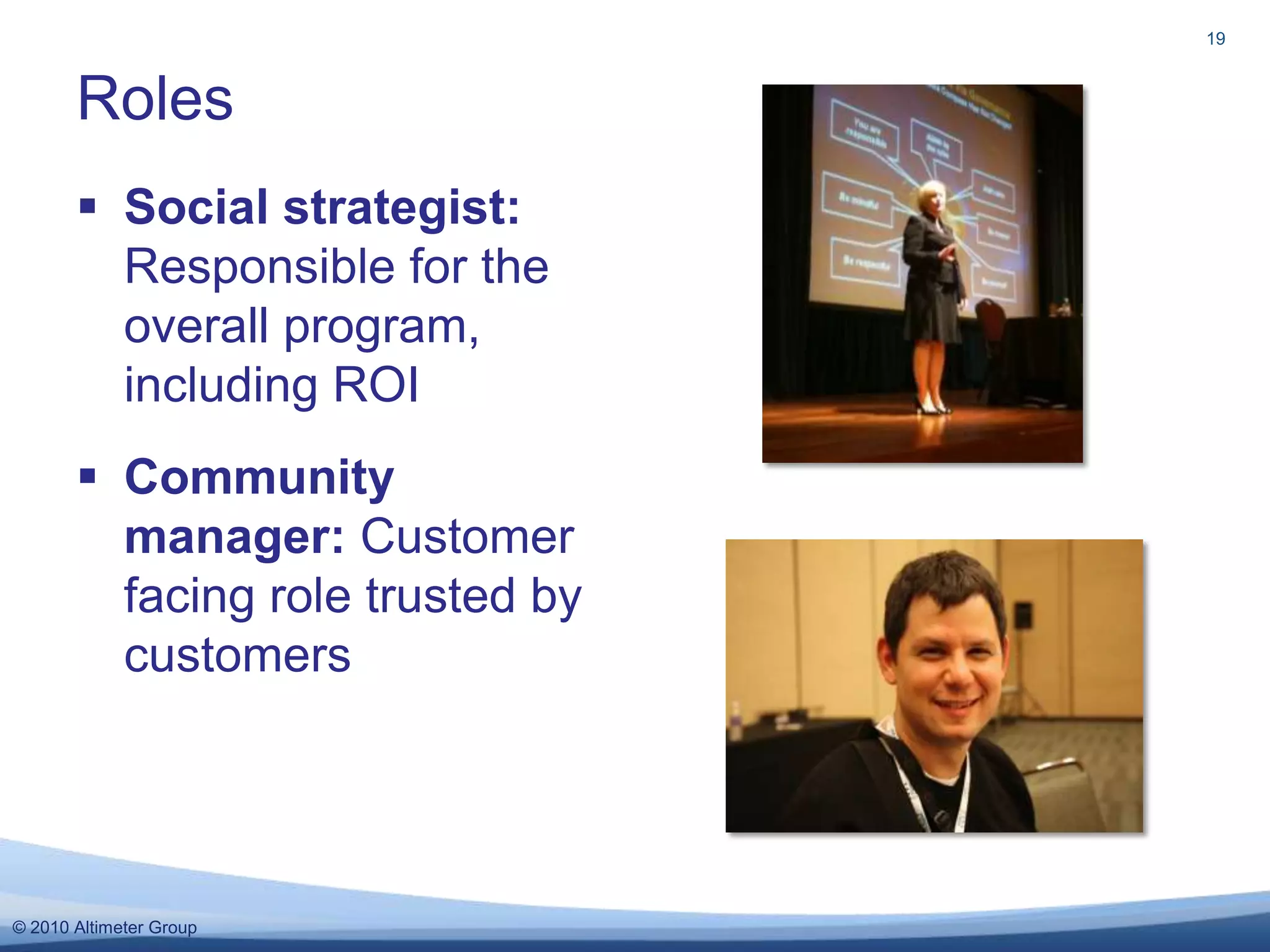 Social strategist: Responsible for the overall program, including ROICommunity manager: Customer facing role trusted by customersRoles19