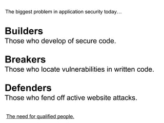 Builders Those who develop of secure code. Breakers Those who locate vulnerabilities in written code.  Defenders Those who...