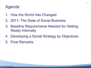 Agenda2How the World Has Changed2011: The State of Social BusinessBaseline Requirements Needed for Getting Ready InternallyDeveloping a Social Strategy by ObjectivesFinal Remarks
