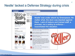 Nestle’ lacked a Defense Strategy during crisis27Nestle’ was under attack by Greenpeace. No matter what, the deck was stacked against them.  Lack of mature and trained staff, a process, nor a policy to enforce – exacerbated the situation.