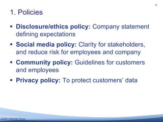 Disclosure/ethics policy: Company statement defining expectationsSocial media policy: Clarity for stakeholders, and reduce risk for employees and companyCommunity policy: Guidelines for customers and employeesPrivacy policy: To protect customers’ data 1. Policies30