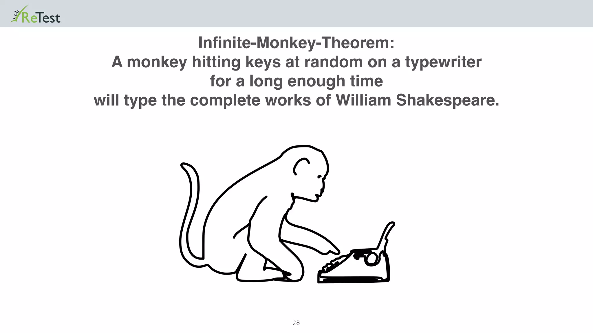28
Inﬁnite-Monkey-Theorem:
A monkey hitting keys at random on a typewriter
for a long enough time
will type the complete works of William Shakespeare.
 