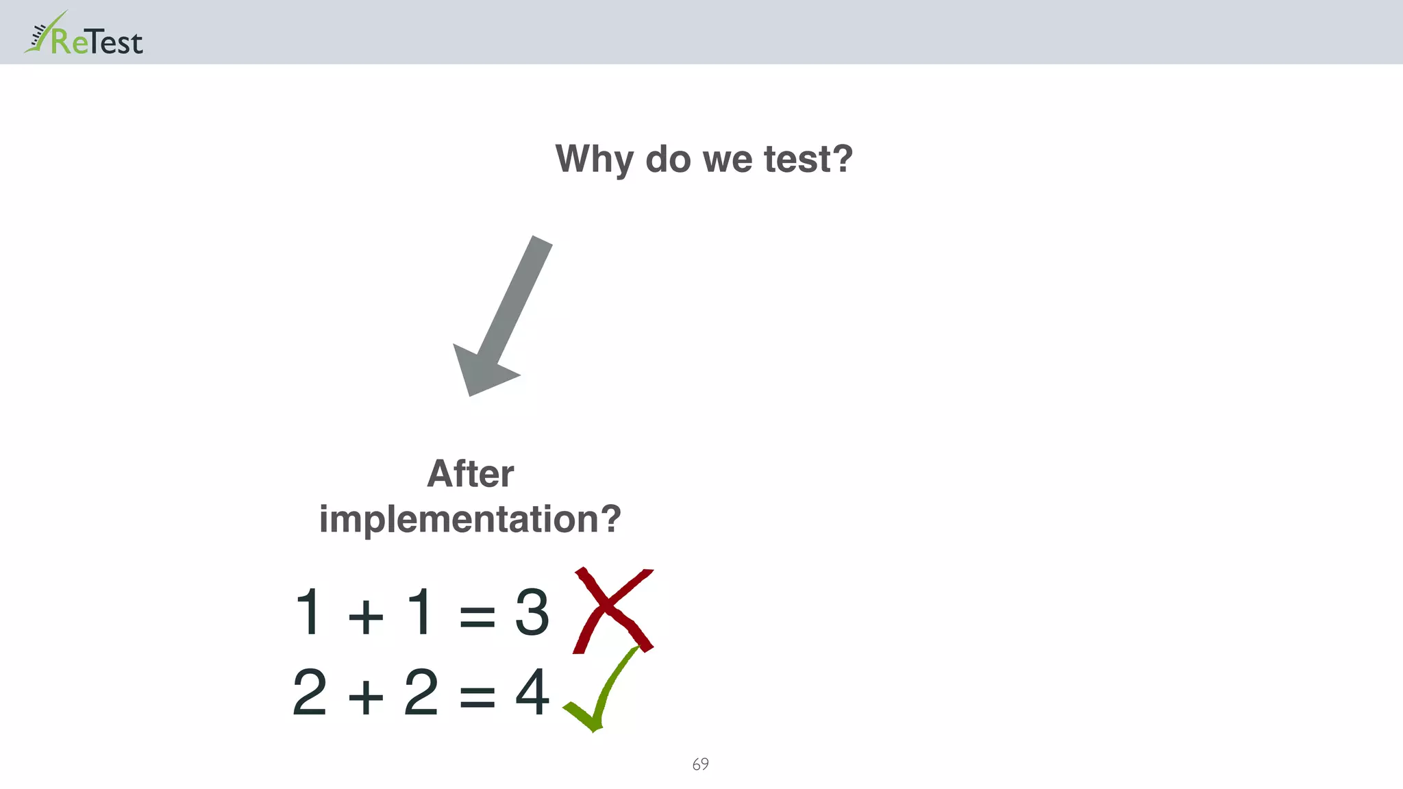 69
Why do we test?
After
implementation?
1 + 1 = 3
2 + 2 = 4
 