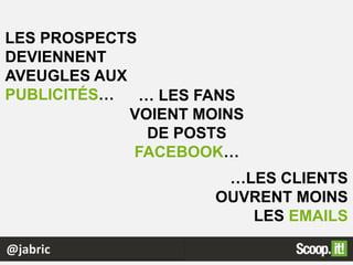 @jabric
…LES CLIENTS
OUVRENT MOINS
LES EMAILS
… LES FANS
VOIENT MOINS
DE POSTS
FACEBOOK…
LES PROSPECTS
DEVIENNENT
AVEUGLES AUX
PUBLICITÉS…
 