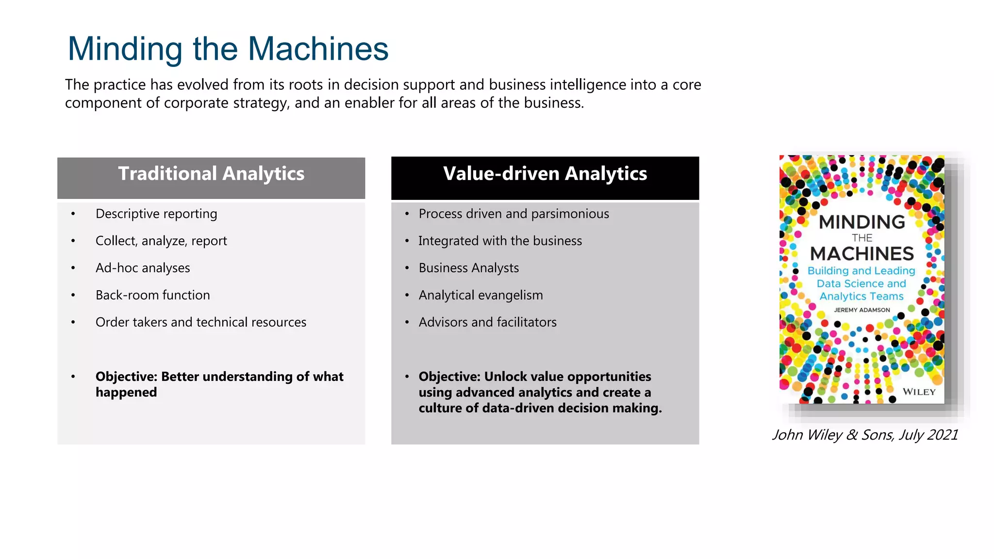 Minding the Machines
John Wiley & Sons, July 2021
Traditional Analytics
• Descriptive reporting
• Collect, analyze, report
• Ad-hoc analyses
• Back-room function
• Order takers and technical resources
• Objective: Better understanding of what
happened
Value-driven Analytics
• Process driven and parsimonious
• Integrated with the business
• Business Analysts
• Analytical evangelism
• Advisors and facilitators
• Objective: Unlock value opportunities
using advanced analytics and create a
culture of data-driven decision making.
The practice has evolved from its roots in decision support and business intelligence into a core
component of corporate strategy, and an enabler for all areas of the business.
 