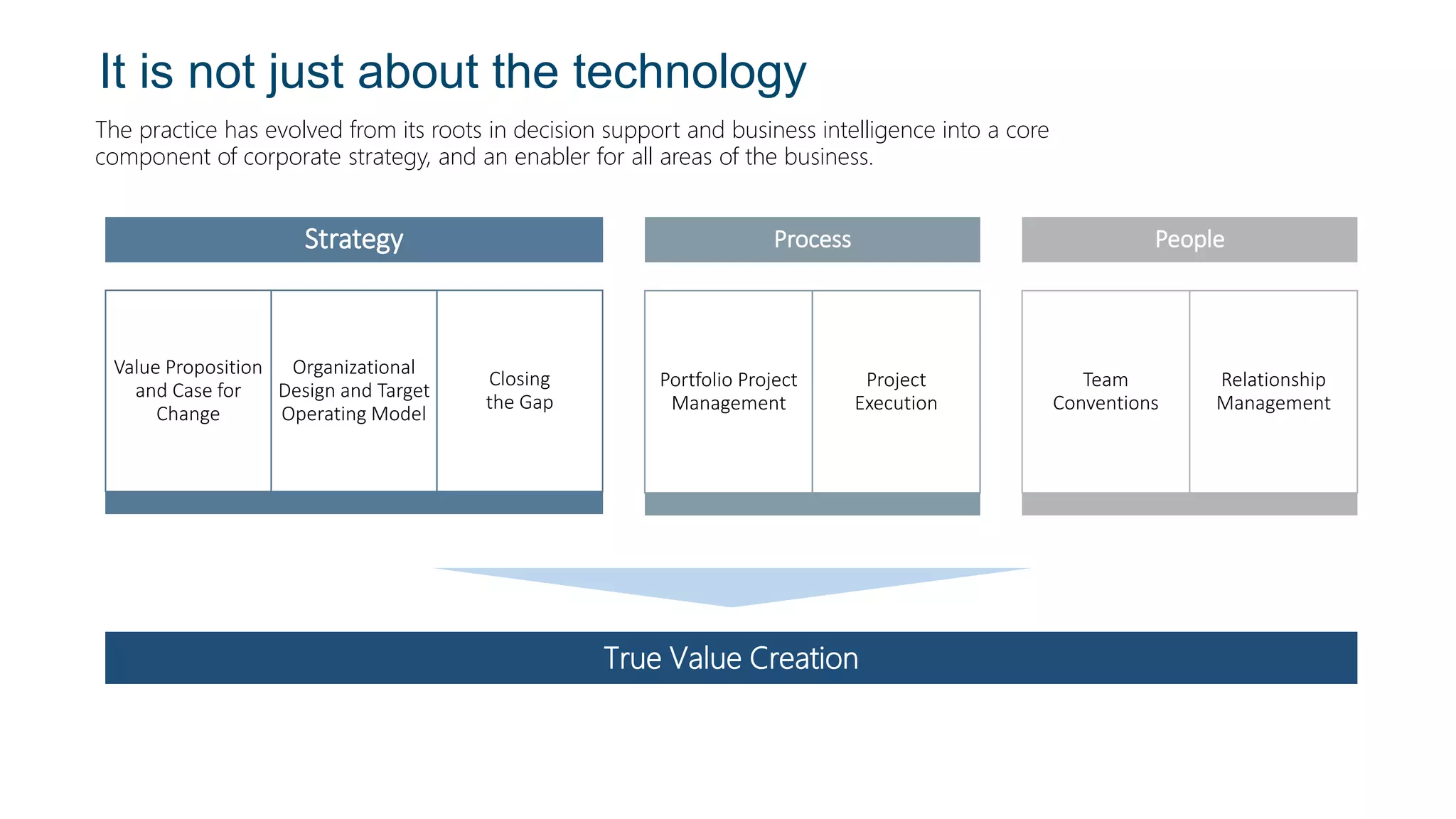 It is not just about the technology
Process
Portfolio Project
Management
Project
Execution
Strategy
Value Proposition
and Case for
Change
Organizational
Design and Target
Operating Model
Closing
the Gap
People
Team
Conventions
Relationship
Management
True Value Creation
The practice has evolved from its roots in decision support and business intelligence into a core
component of corporate strategy, and an enabler for all areas of the business.
 