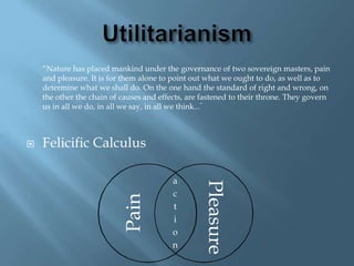 Utilitarianism	“Nature has placed mankind under the governance of two sovereign masters, pain and pleasure. It is for them alone to point out what we ought to do, as well as to determine what we shall do. On the one hand the standard of right and wrong, on the other the chain of causes and effects, are fastened to their throne. They govern us in all we do, in all we say, in all we think...”Felicific CalculusPleasurePainaction