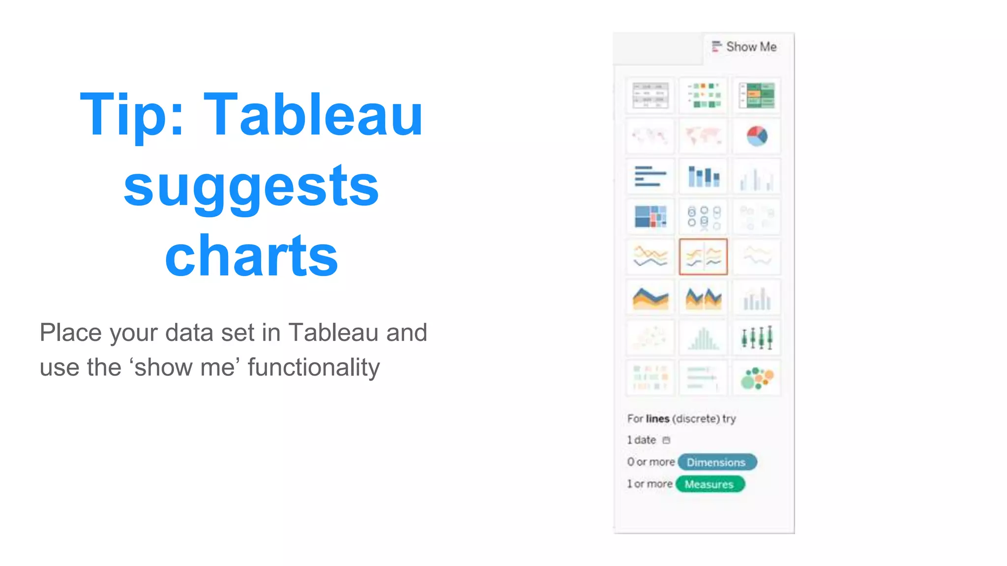 Tip: Tableau
suggests
charts
Place your data set in Tableau and
use the ‘show me’ functionality
 