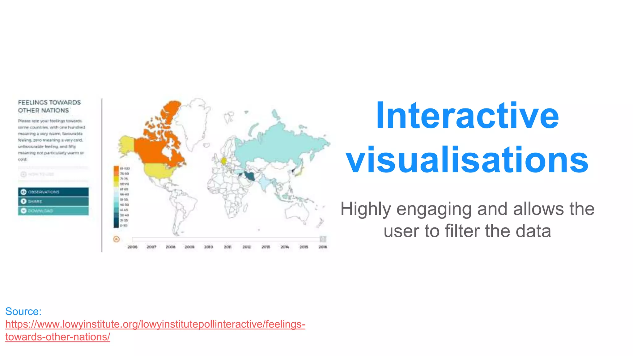 Interactive
visualisations
Highly engaging and allows the
user to filter the data
Source:
https://www.lowyinstitute.org/lowyinstitutepollinteractive/feelings-
towards-other-nations/
 
