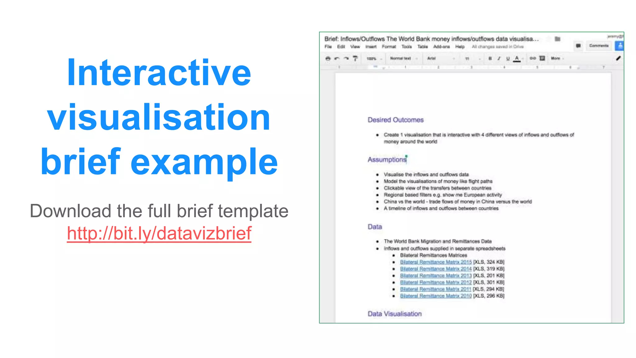 Interactive
visualisation
brief example
Download the full brief template
http://bit.ly/datavizbrief
 