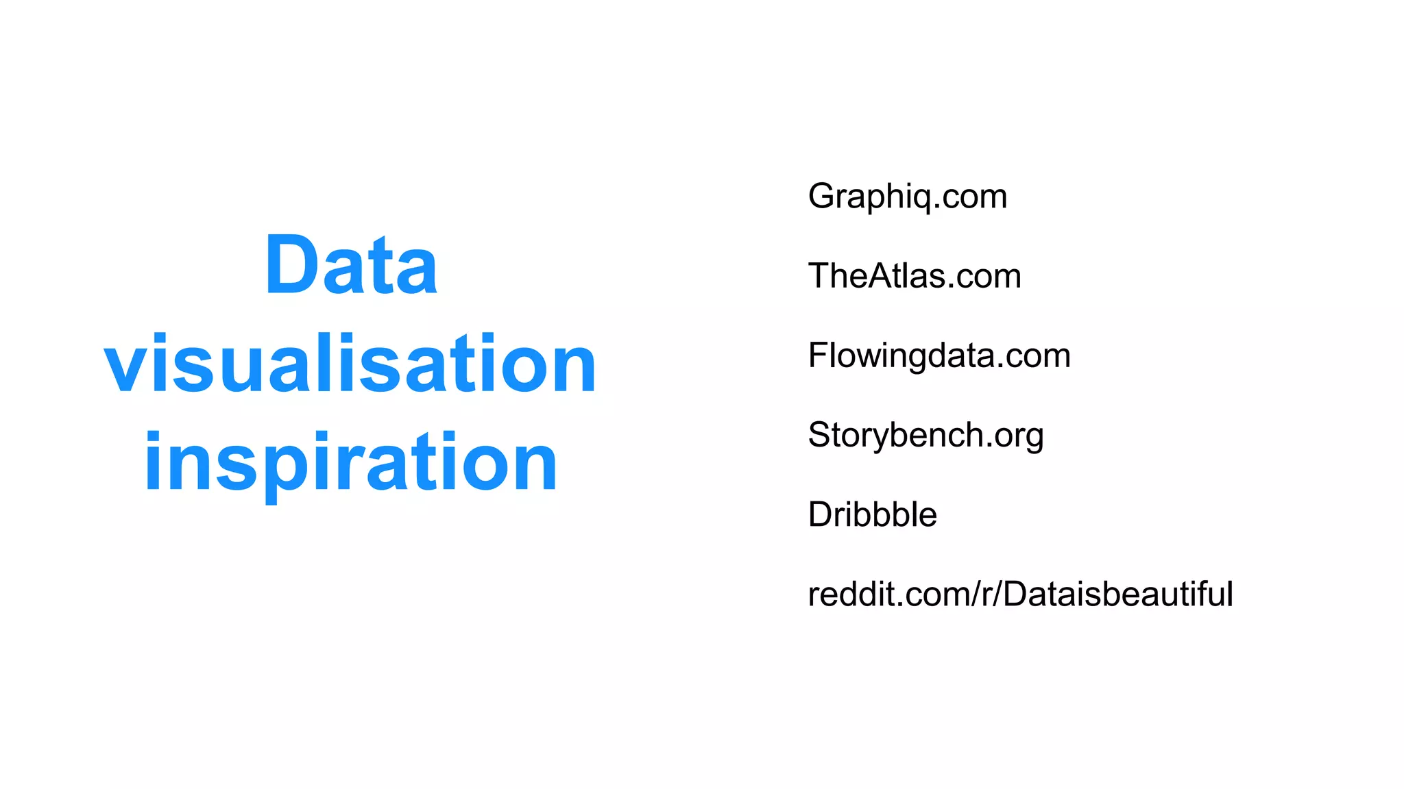 Data
visualisation
inspiration
Graphiq.com
TheAtlas.com
Flowingdata.com
Storybench.org
Dribbble
reddit.com/r/Dataisbeautiful
 