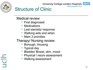 Structure of Clinic
Medical review
First diagnosed
 Medications
 Last steroids/ response
 Walking aids and when
 Main 3 priorities


Therapy/ Nursing review:
Borough, Housing
 Typical day
 Bladder/ Bowel, skin, mood
 Physical / neuro assessment
 Walking assessment


38

 